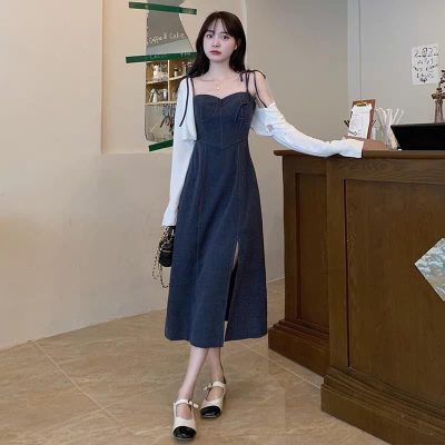 Layer cardigan mỏng + váy hai dây